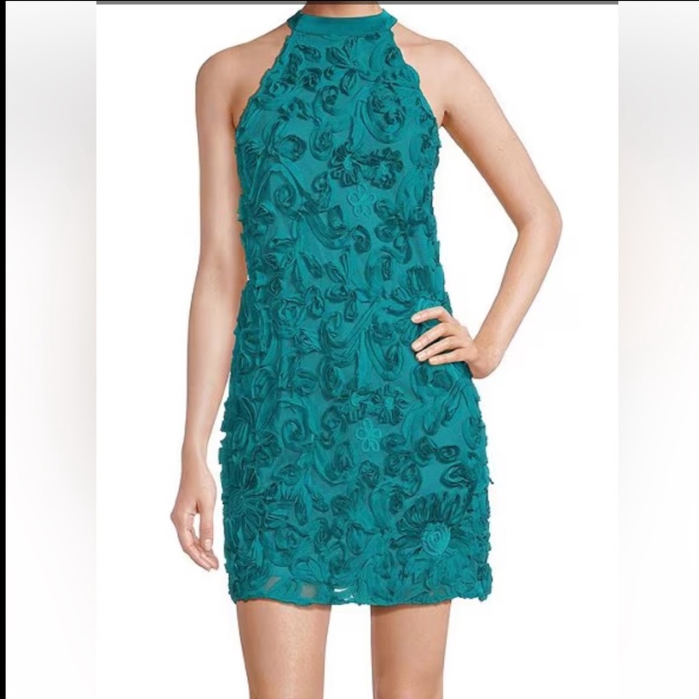 Adrianna Papell 3D Floral Halter neck Embroidered Shift Dress size 14 color teal